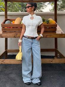 Muchica 女士白色梭织扭结领短袖T恤，夏季 - 白色 - 查看 3