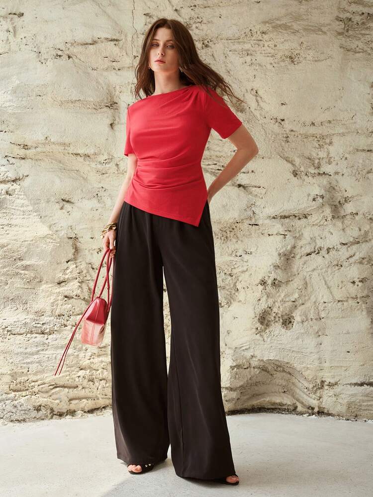 COTTON ASYMMETRIC HEM RUCHED CREW NECK SHORT SLEEVE T-SHIRT, SPRING/SUMMER
