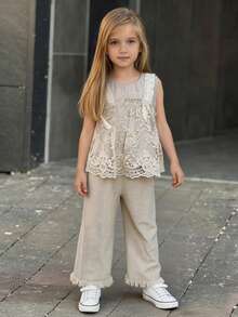 DAZY Tween Girls Sleeveless Lace Ruffle Blouse & Pants Set, Fall Outfit Summer - Apricot - View 4