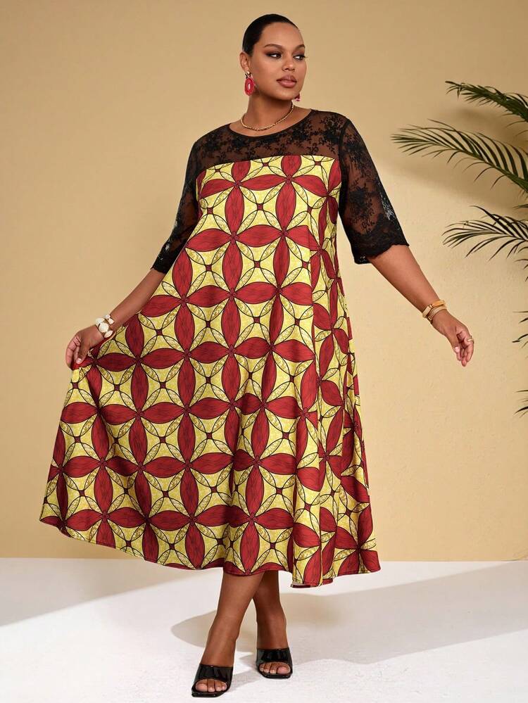Plus Size Women Lace Patchwork Floral Print Dress, Summer Vacation Outfits Women Curve