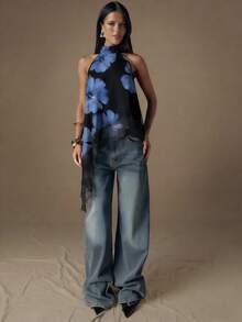 SHEIN BAE 女士优雅印花不对称下摆露背吊带衫，夏季度假 - 彩色 - 查看 3