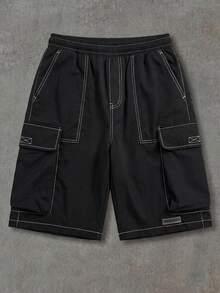 SUMWON Men's Cargo Shorts With Contrast Stitching Detail Multiple Pockets Knee Length Casual Summer Streetwear - Black - View 1