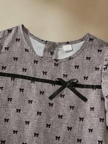 SHEIN Đầm kiểu Pháp thanh lịch dành cho bé gái, eo thon, tay phồng, in hình bướm, thích hợp để dự tiệc và mặc mùa hè. - Xám - Xem 5