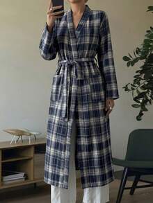 DAZY Women's Plaid Print Casual Loose Fit Robe, Home Wear, Long Sleeve, Fall Pajama, Winter - Navy Blue - View 3