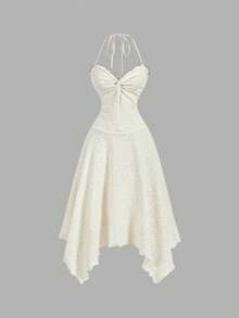 SHEIN MOD Vestido bege com babados na barra assimétrica e detalhe de nó torcido na gola – Ideal para encontros, festas, verão e primavera, férias de primavera, formaturas, encontros românticos, viagens, piqueniques, festivais e aniversários. - Damasco - Ver 2