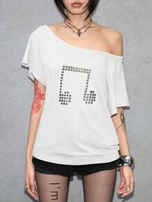 ROMWE Grunge Punk Camiseta suelta de unicolor con diseño de cruz remachada con láser, estilo Y2K punk, versátil - Blanco - Ver 4