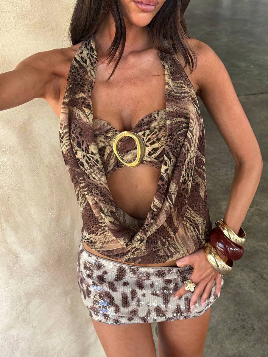 Opulessa Áo hở lưng gợi cảm họa tiết da báo dành cho nữ, thích hợp cho mùa hè. - màu nâu - Xem 1