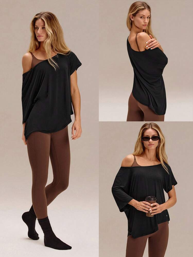 Modal Silky Smooth Asymmetrical Hem Off-Shoulder 3/4 Sleeve Active Tee T-Shirt Daily Casual Wear
