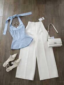 Airaco Conjunto de 2 piezas de top halter anudado casual y pantalones de pierna ancha para mujer, apto para uso diario y de oficina, adecuado para primavera/verano - Multicolor - Ver 2