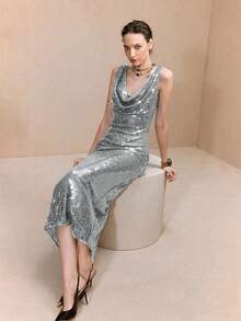 Arave Vestido ajustado con cuello drapeado, sin mangas, con detalles de lentejuelas, elegante para citas - Plateado - Ver 5