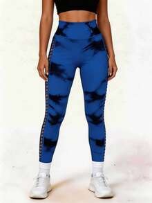High Performance Tie Dye Leggings With Lace - For Yoga And Workout - 藍色 - 查看 2