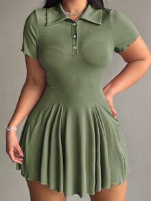Flirla Plus Size Casual Collared Short Sleeve A-Line Dress - Army Green - View 6