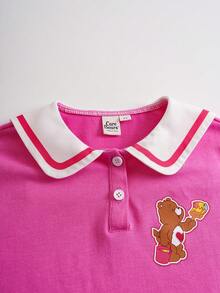 SHEIN X Care Bears 2件套可爱休闲风女童T恤短裤套装，Polo领舒适短袖，Carebear联名款 - 粉色 - 查看 3