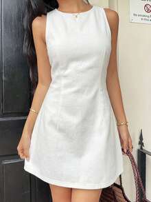 Siren Gaze Đầm ngắn không tay bằng vải denim dành cho nữ, kiểu dáng ôm vừa vặn, màu xanh dương. - trắng - Xem 4