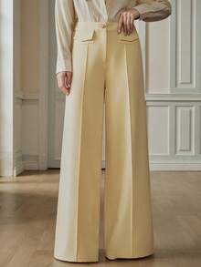 Anewsta New Modern Casual Light Yellow Patch Pocket Wide Leg Elegant Office Commute Versatile Women Suit Pants - Light Yellow - View 4