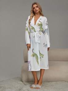 Women's Casual Leopard Print Loose Fit Robe For Daily Wear - White - View 4