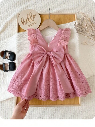 SHEIN Babygirl Cute Summer Elegant Pink Floral Embroidery Ruffle Hem Bow Tie Dress