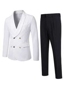 Manfinity Bizformal 男士商务正装披肩领双排扣西装套装，适合工作、婚礼等场合。 - 白色 - 查看 3
