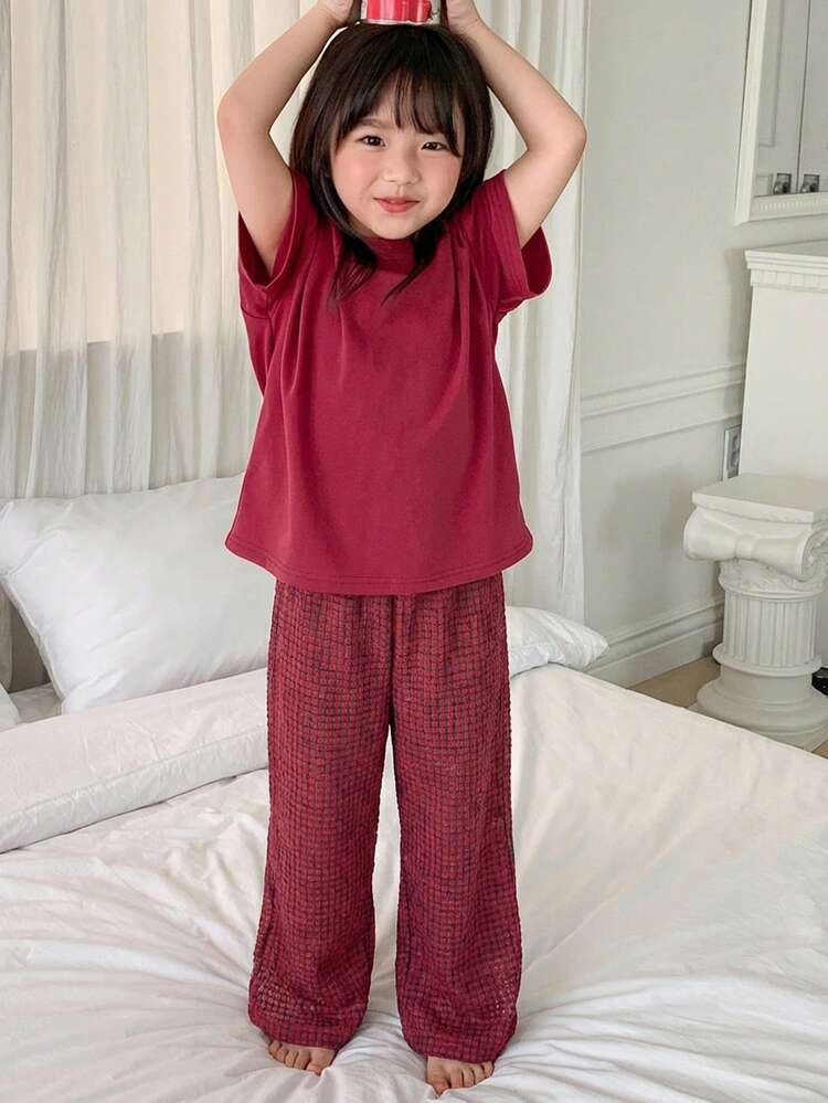 Bộ đồ mặc nhà cho bé gái (cỡ nhỏ): Áo thun ngắn tay cổ tròn dệt kim + Quần dài kẻ caro, thích hợp cho mùa xuân/hè. - Đỏ - Xem 3