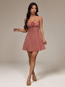 SHEIN PETITE 红色格子系带迷你连衣裙（女款） - 彩色 - 查看 5