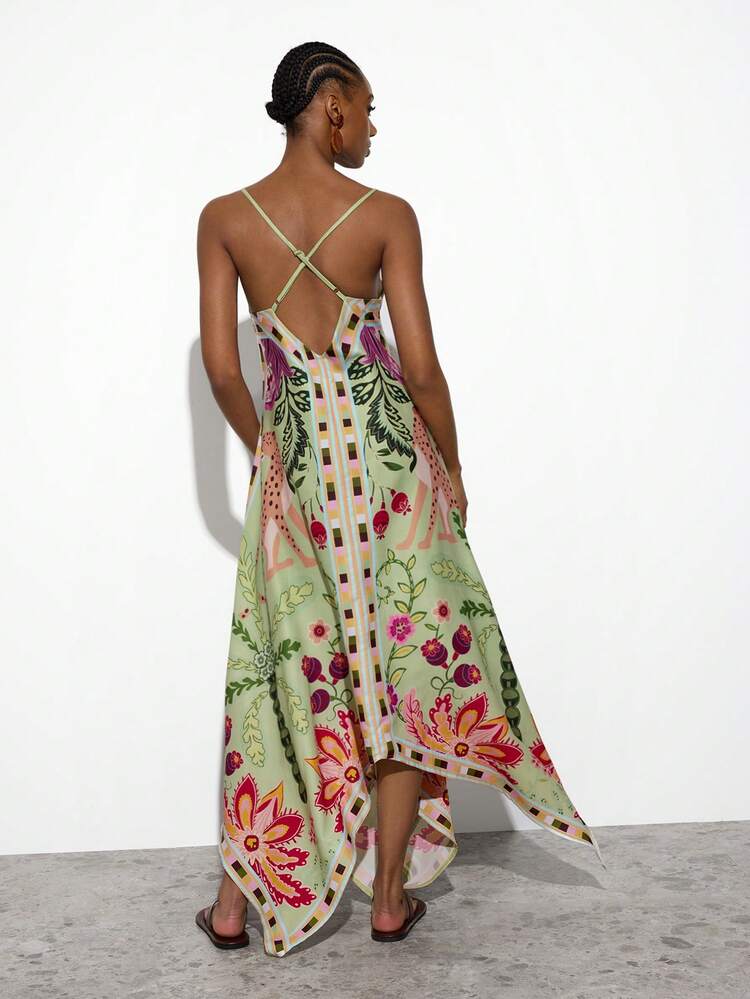 SHEIN Maija Damen Urlaubs Seiden-Schal Design Asymmetrischer Saum Trägerkleid