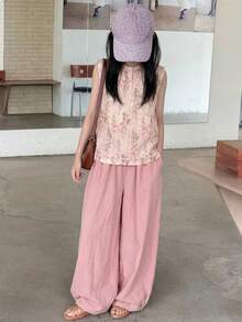 Bộ áo và quần không tay họa tiết hoa nhí cho bé gái tuổi teen, trang phục mùa thu. - Hồng - Xem 2