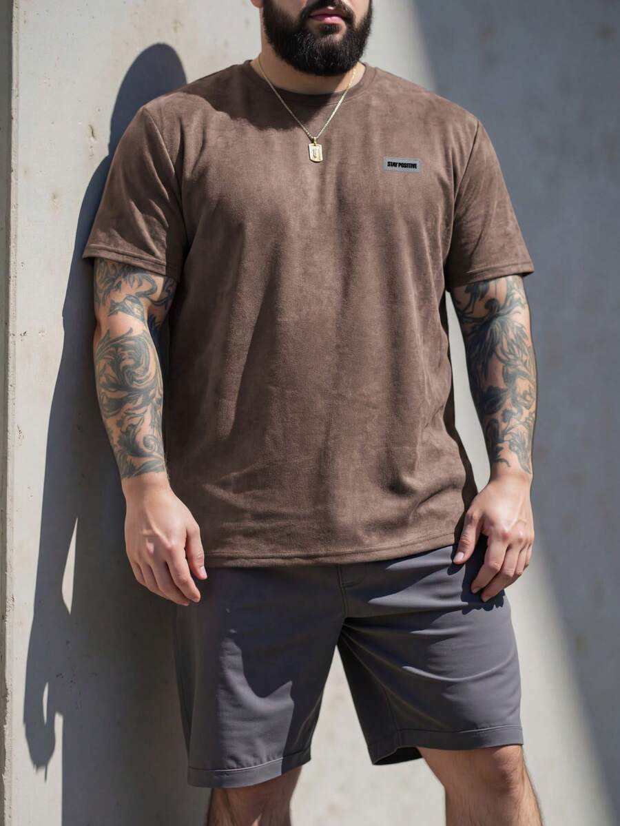 DRIVNCORE Plus Size Solid Color Round Neck Drop Shoulder Short Sleeve Casual Loose Men Tank Top - Coffee Brown - View 1