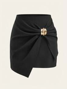 Editum Women's Elegant Asymmetric Black N Gold Mini Skirt,Autumn Classy Solid Color Slit Wrap Skirts For Bar Party,Office Work,Minimalist Tie Skirt - Black - View 2