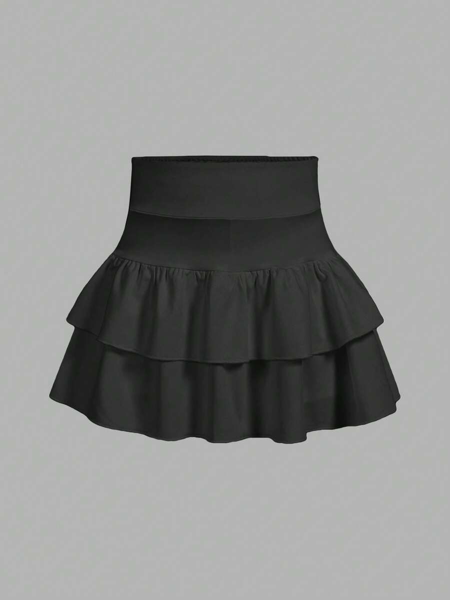SHEIN Girlism Tween Girls Knitted Solid Color Cute Ruffle Layered Built-In Shorts Mini Skirt, Y2K Fashion, Back To School - Grey - View 1