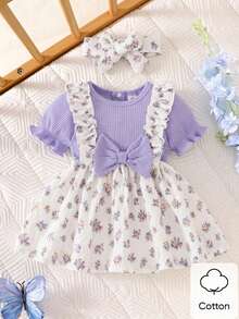 夏季新生女宝宝蓝色泡泡短袖拼接碎花连衣裙和发带，可爱清新甜美 - 紫色 - 查看 8