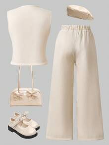 SHEIN Tween Girls' 2-Piece Set,Beige White Summer Tea Party Sleeveless Asymmetric Top With 3D Floral Ruffle & High-Waisted Wide Leg Pants,Elegant Outfit - Beige - View 3