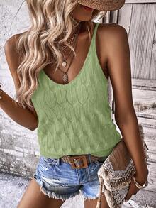 SHEIN Holidaya Vacation Casual Solid Color Camisole Knit Top - Green - View 3