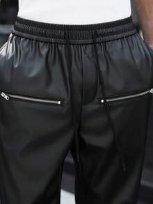 SLATEMANN Men's Fashionable Street-Style PU Leather Flare Pants - Black - View 6