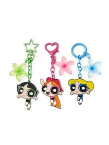THE POWERPUFF GIRLS X SHEIN 3件套时尚可爱锌合金钥匙扣包挂件，花朵、泡泡和毛茛花图案，甜美可爱的花卉装饰 - 混色 - 查看 3