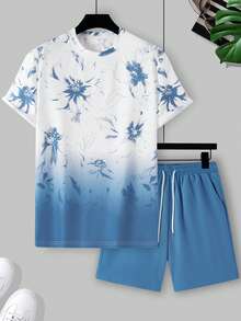 Manfinity RSRT Men's Floral Print Ombre Short Sleeve T-Shirt And Drawstring Waist Shorts Casual Daily Outfit - Multicolor - View 3