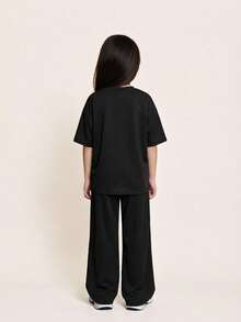 少女宽松休闲舒适圆领落肩短袖T恤和裤子套装 - 黑色 - 查看 2