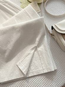 Elamini 女士休闲开衩宽松直筒长裤，修身显瘦，春夏阔腿亚麻长裤，女士夏季长裤，白色阔腿裤，女士白色高腰阔腿裤，女士长裤，百分百纯棉长裤，家居服白色长裤 - 白色 - 查看 6