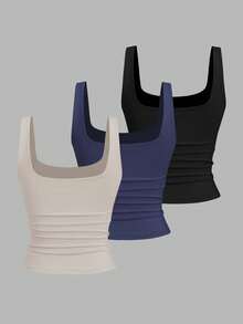 Sweetra Camiseta de tirantes casual con cuello de escote redondo y pliegues, para verano - Multicolor - Ver 2
