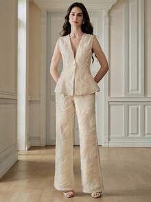 Anewsta Women's Elegant Beaded Embroidery Textured V-Neck Sleeveless Set, Summer Brunch Cream White - Beige - View 5