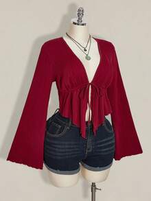 SHEIN ICON Áo cánh ngắn xếp ly tay chuông cổ chữ V sâu, màu trơn, phong cách nghỉ dưỡng thường ngày cỡ lớn dành cho nữ, mùa xuân/thu - Màu Đỏ Sâu - Xem 5