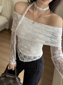 DAZY 白色不对称设计修身长袖T恤，女士春夏款 - 白色 - 查看 7