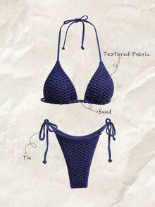 Elavelle Women's Textured Beaded Halter Bikini Set, Spring/Summer Holiday - Blue - View 1