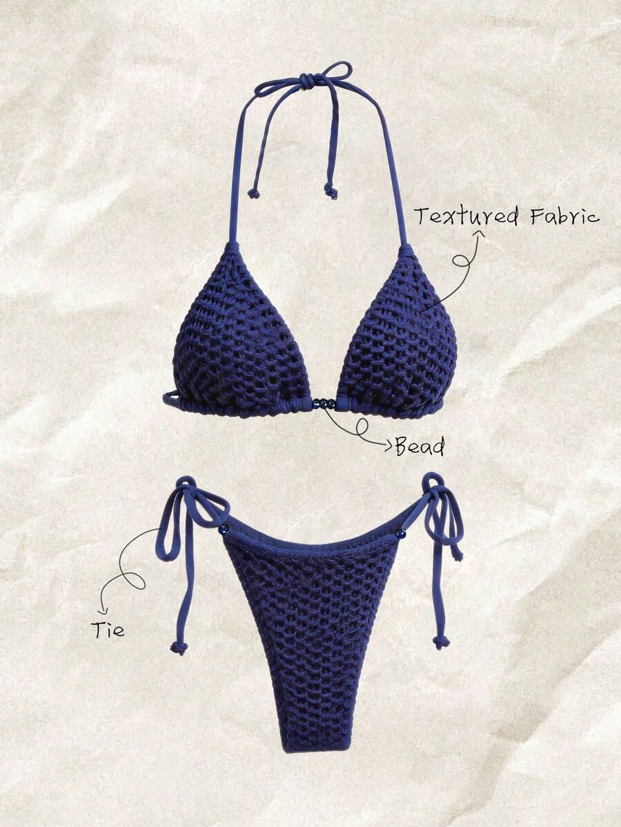 Elavelle Women's Textured Beaded Halter Bikini Set, Spring/Summer Holiday - Blue - View 1