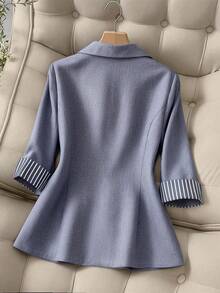 大码女士春夏轻薄双排扣西装外套，撞色条纹袖口，休闲/工作两用夹克，女士职业装，女士西装外套，女士西装套装 - 藏蓝色 - 查看 2