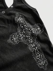 ROMWE Grunge Punk Summer Festival Punk Cross Print Rhinestone Vintage Wash Mini Dress For Women - Black - View 4