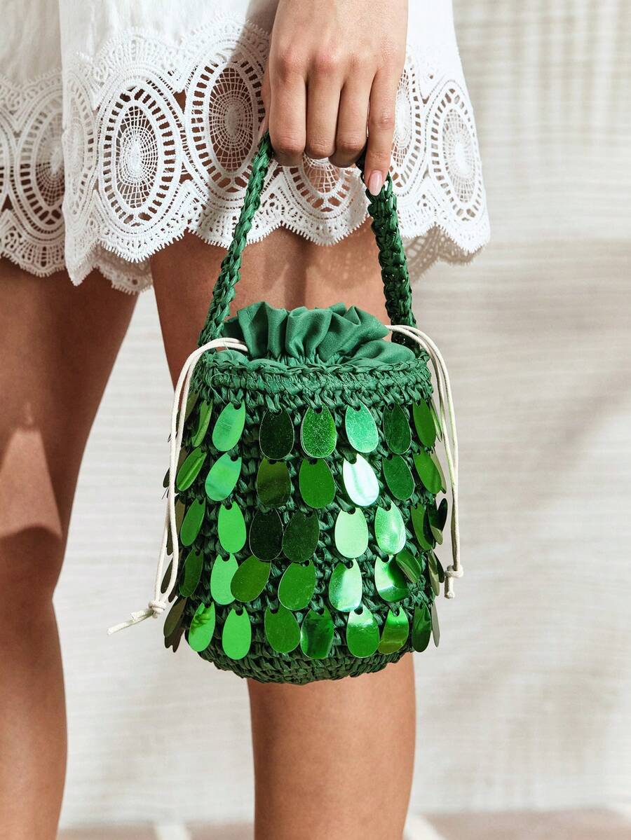 SHECARRY Bolsos de mano para mujer, bolso de paja, bolso tejido de paja, verde, verde con lentejuelas, de moda, elegante, sencillo, personalizado, versátil, para la playa, vacaciones, días festivos, verano, la , fiesta en la playa - Verde - Ver 1