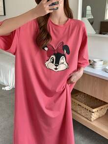 DAZY Cute Cartoon Pattern Print Loose Nightgown Pajama, Moo Moo - Pink - View 3