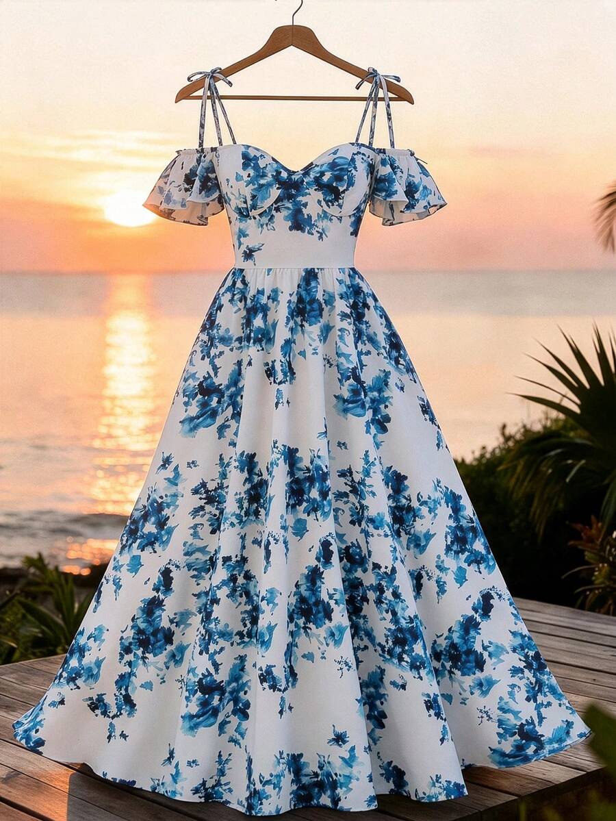 GlowEve Đầm nữ màu xanh mực họa tiết hoa, trễ vai, buộc dây, tay bồng, cổ hình trái tim, dáng chữ A, eo thon, phong cách nghỉ dưỡng lãng mạn, mềm mại, thanh lịch, sang trọng, thích hợp cho hẹn hò, mẫu đầm maxi mùa hè đa năng mới về. - Nhiều màu - Xem 1