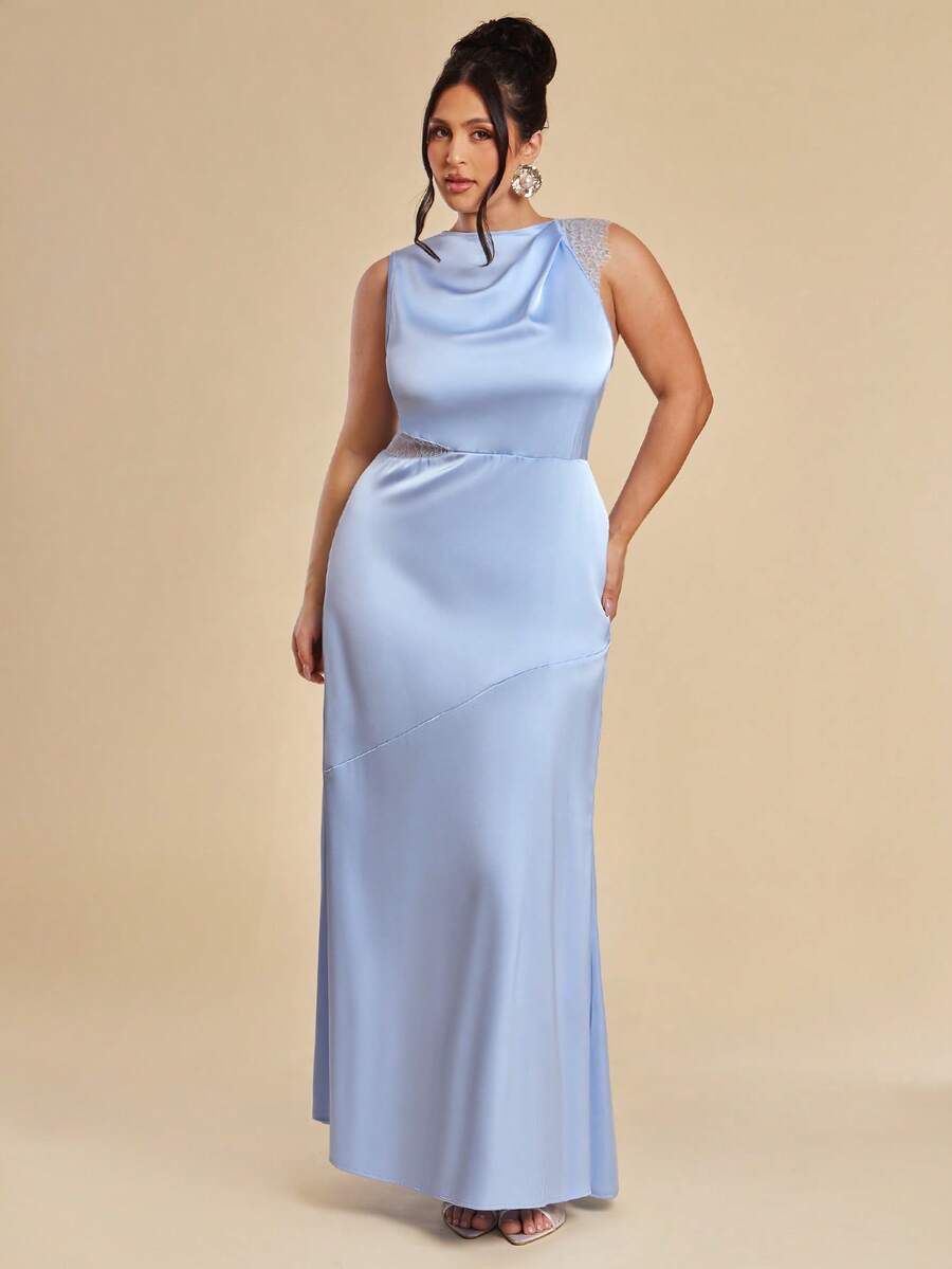 SHEIN BAE Đầm dài bằng satin phối ren thanh lịch - Màu xanh lam - Xem 1