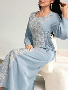 Yasmyna 女士优雅方领拼接刺绣腰带连衣裙，春夏款 - 藍色 - 查看 5